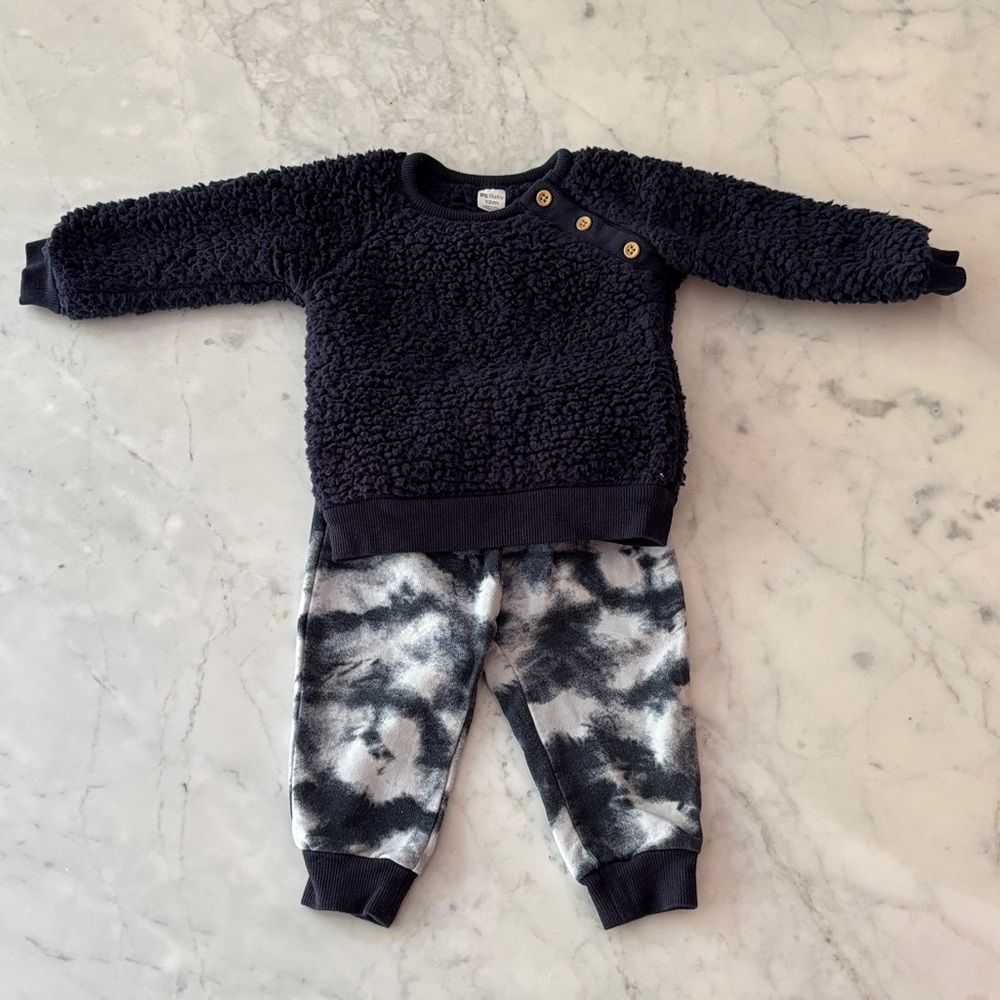Pl Baby 12 Months Navy Sherpa Top with matching Navy Tie Dye pants